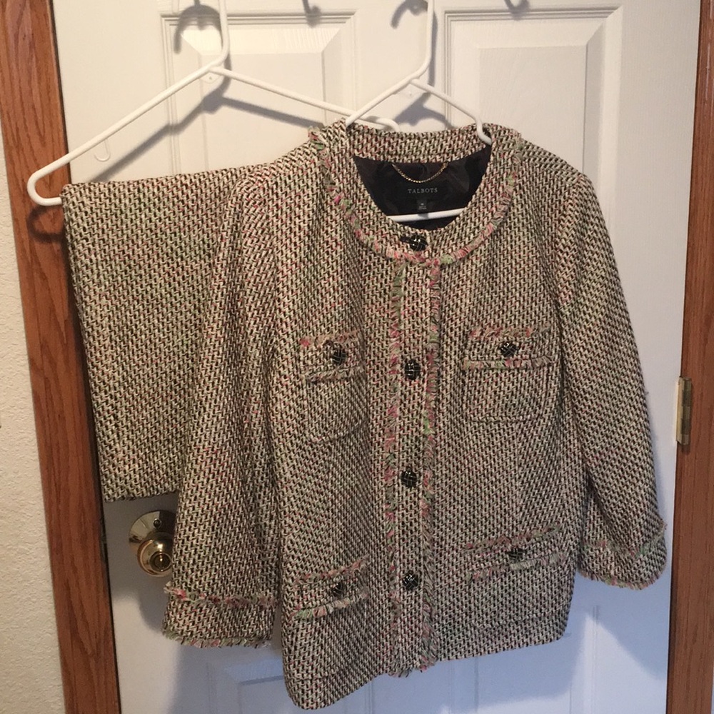 Ivory, Black, Pink and Green Tweed Skirt Suit